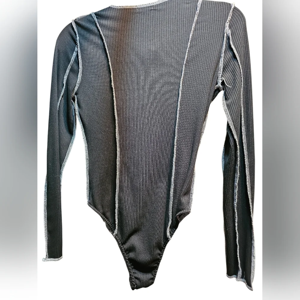 Rue21 Black Ribbed Lace-Up Bodysuit with White Stitching, Sz M - Picture 2 of 3